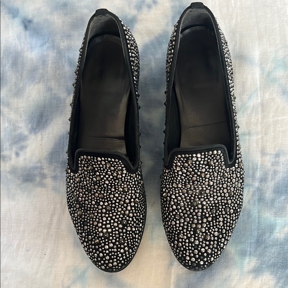 Stuart Weitzman Black Grey Suede Silver Gunmetal Studded Loafers 6 - Picture 2 of 13